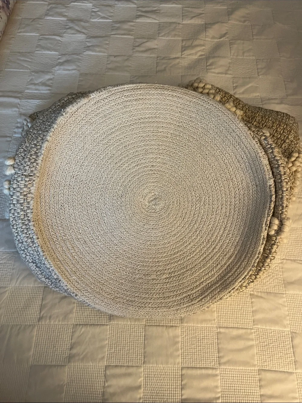Pottery Barn Kids Cream Textured Knit Pouf with Diamond Bobble Detail